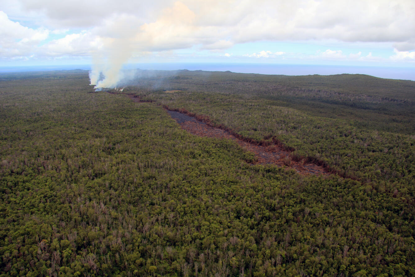 This view looks east at the far end of the June 27th lava flow. In...