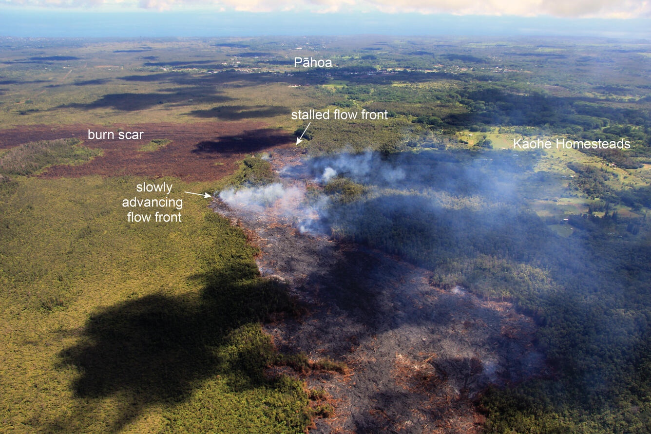 Another view of the flow front region, looking northeast. Pāhoa ca...