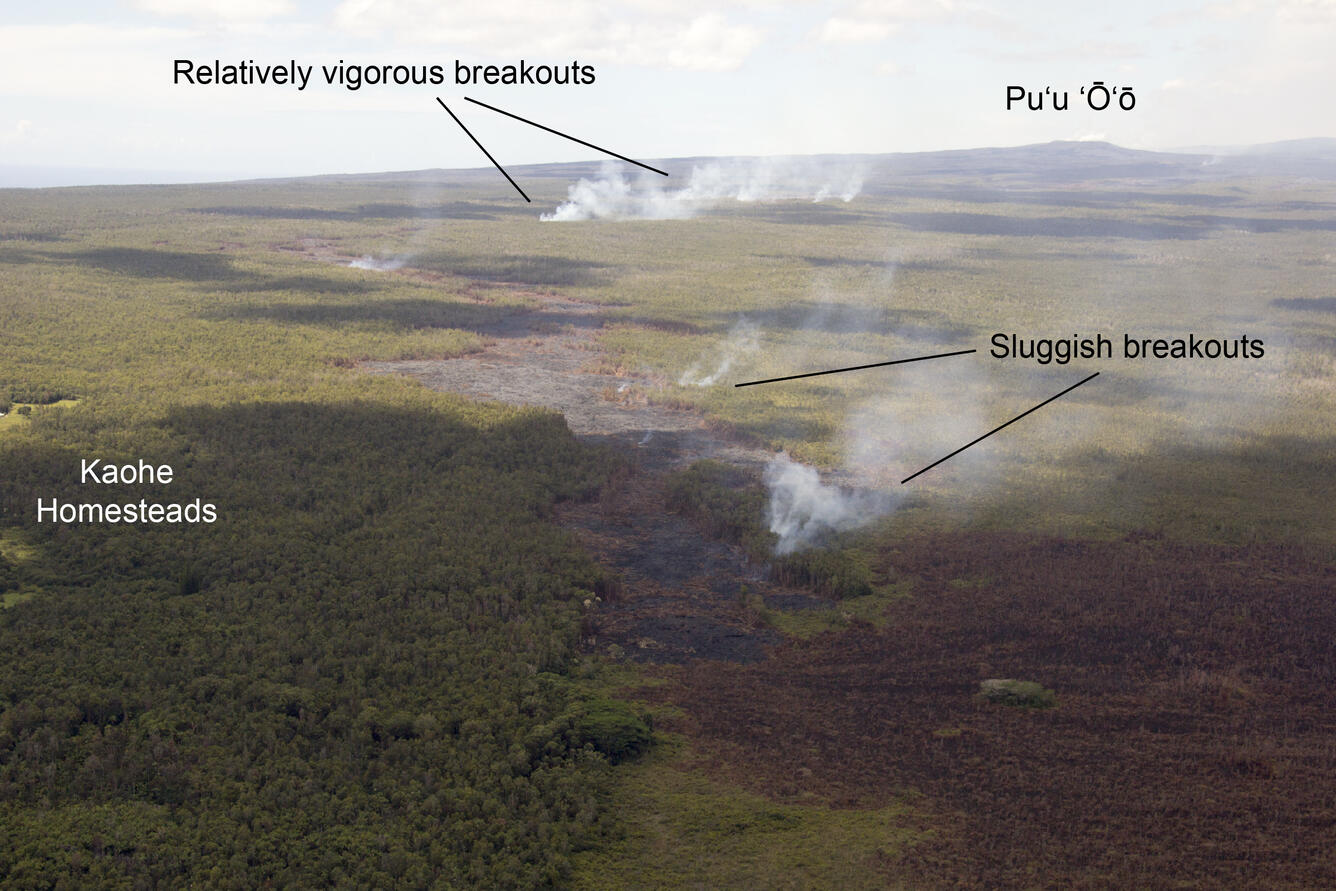 Annotated photo showing the terminus of the June 27th lava flow. Sm...