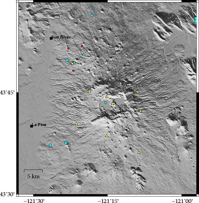 A map showing locations of earthquakes occuring near Newberry Volca...