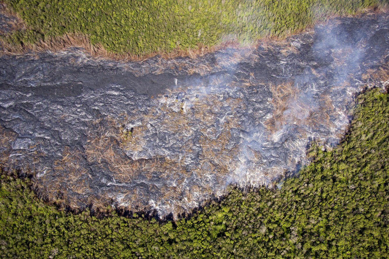 A vertical view of the lava flow in the area of ground cracks. Por...