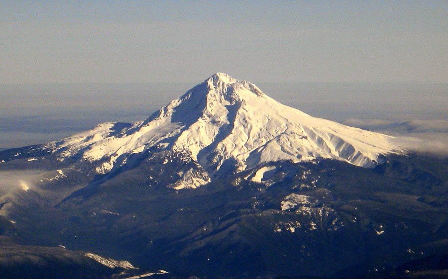 Mount Hood, OR viewed from an airplane in winter....