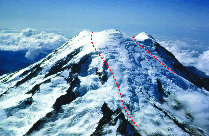 Summit of Mount Rainier viewed toward the southwest. The dashed re...