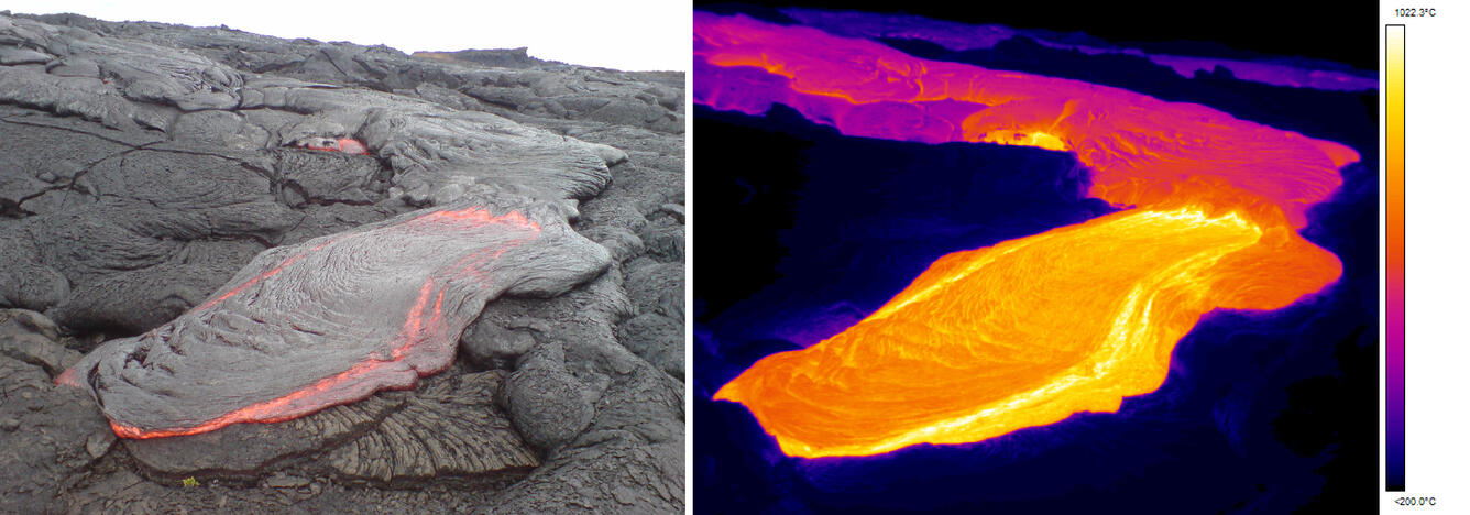 Comparison of a normal photograph with a thermal image of a pāhoeho...