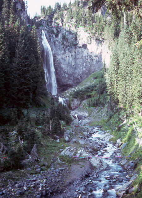 Comet Falls flowing normally along Van Trump Creek, Mount Rainier, ...