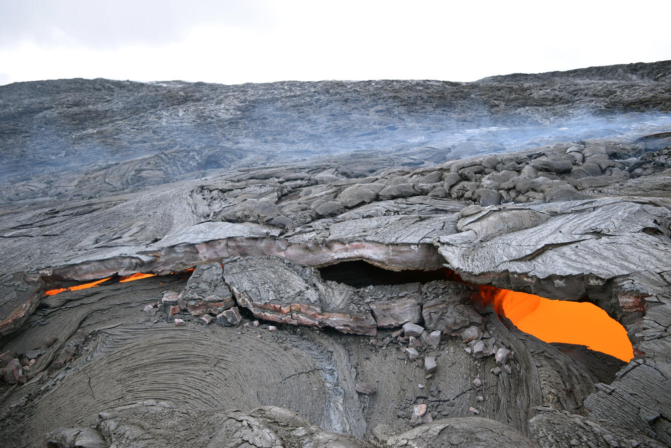 The uppermost part of the nascent lava tube has several skylights, ...