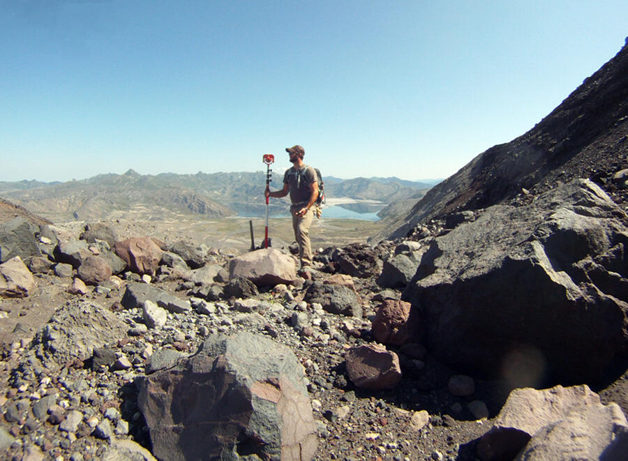 Erosion survey high on north flank of Mount St. Helens....