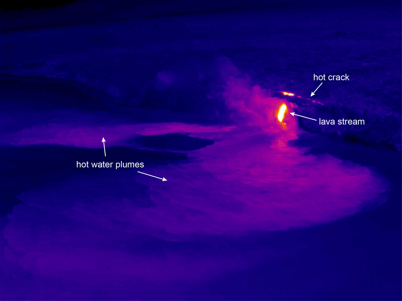 This thermal image shows the Kamokuna ocean entry. Two plumes of h...