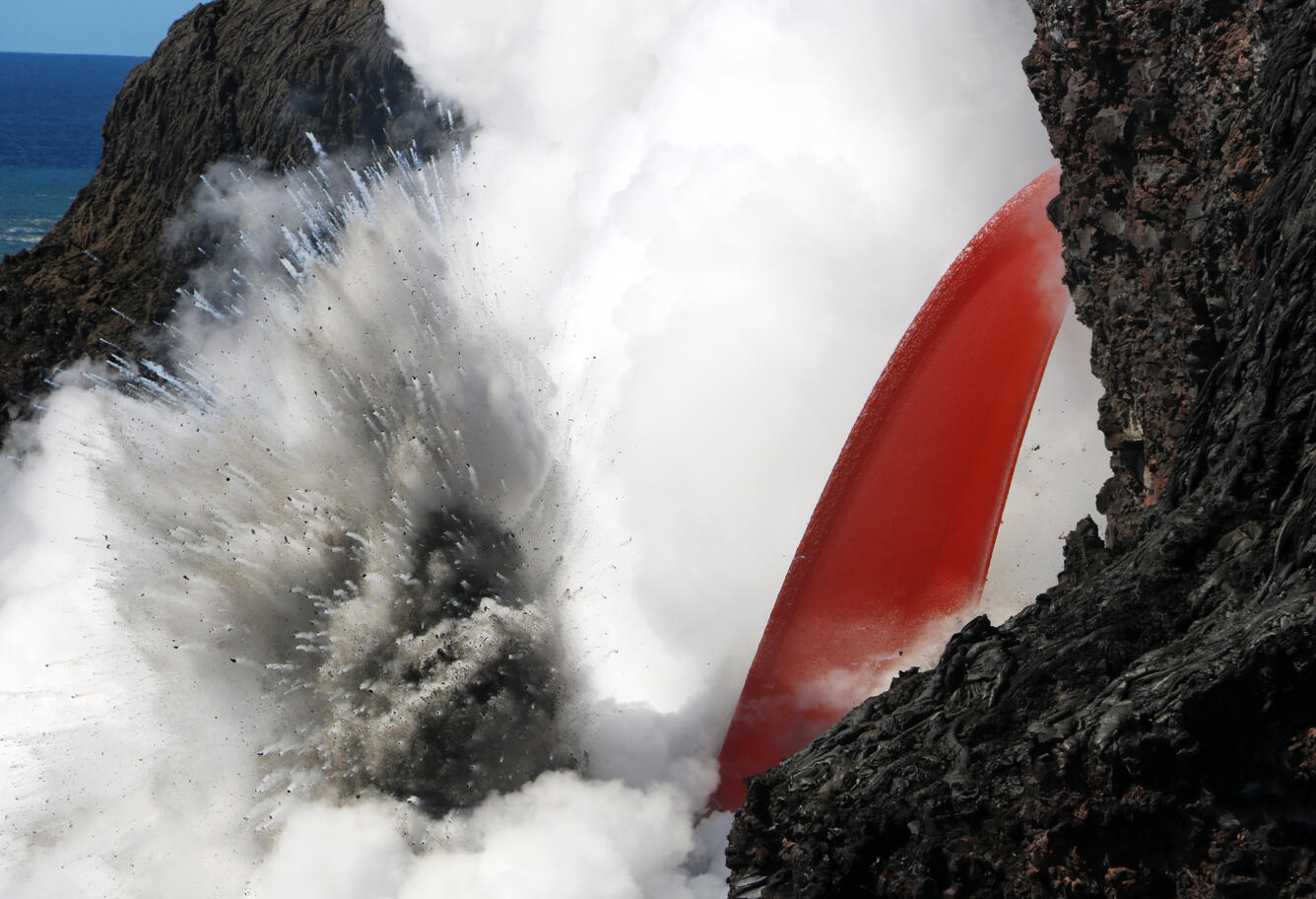 Open lava stream continues at ocean entry...