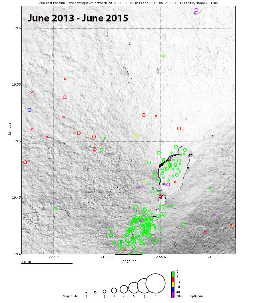 Earthquakes at Mauna Loa from June 2013 to June 2015. Green circles...