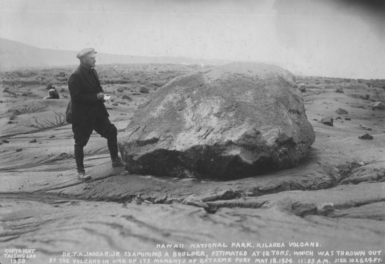 Thomas Jaggar examines a 12 ton block ejected from Halemaumau onto ...