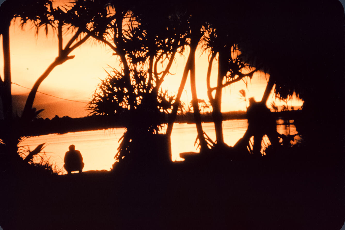 Eruption glow over Higashi Pond before it was overrun during the 19...