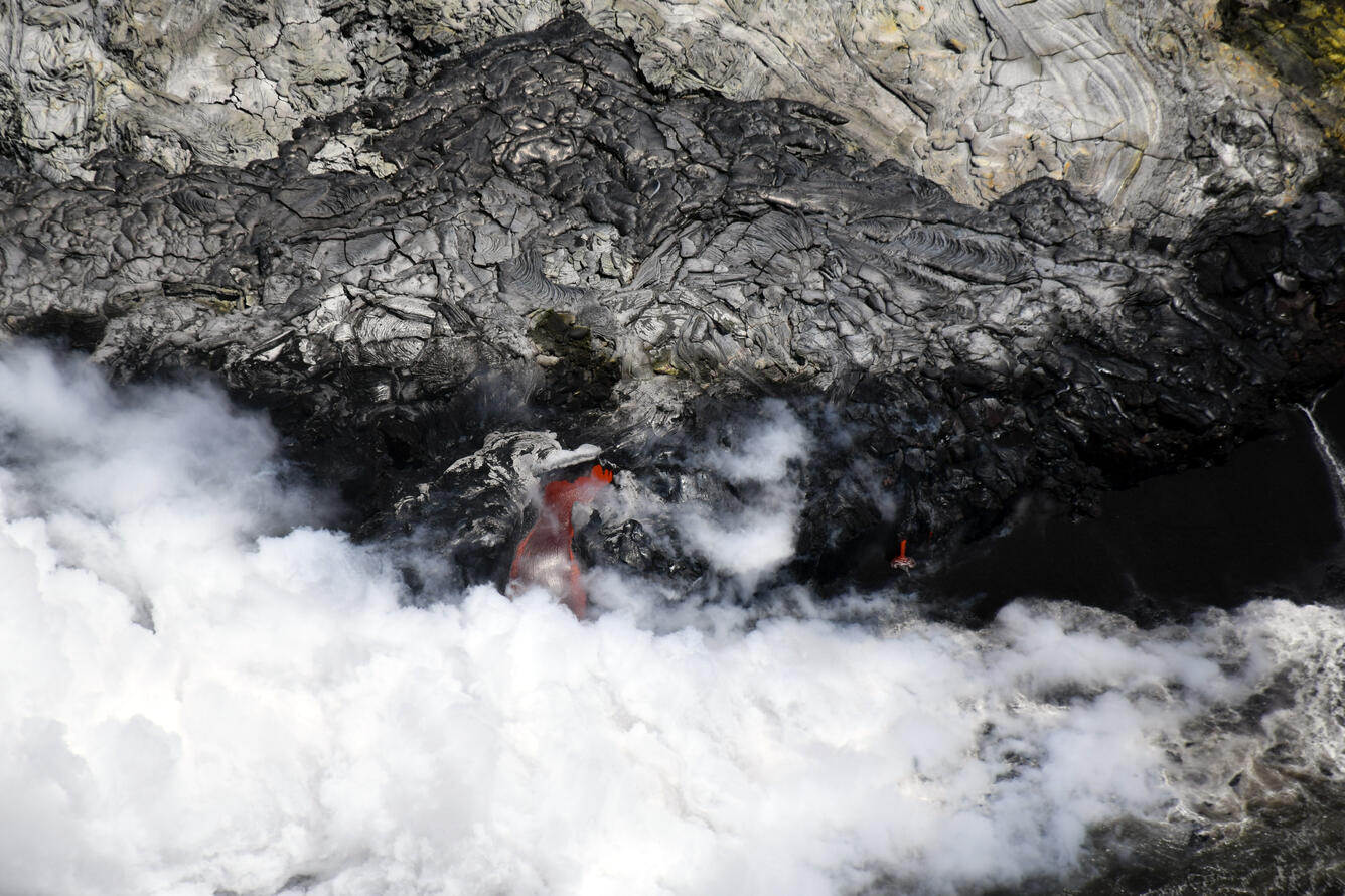 At the front edge of the delta, a large tube-fed stream of lava ent...