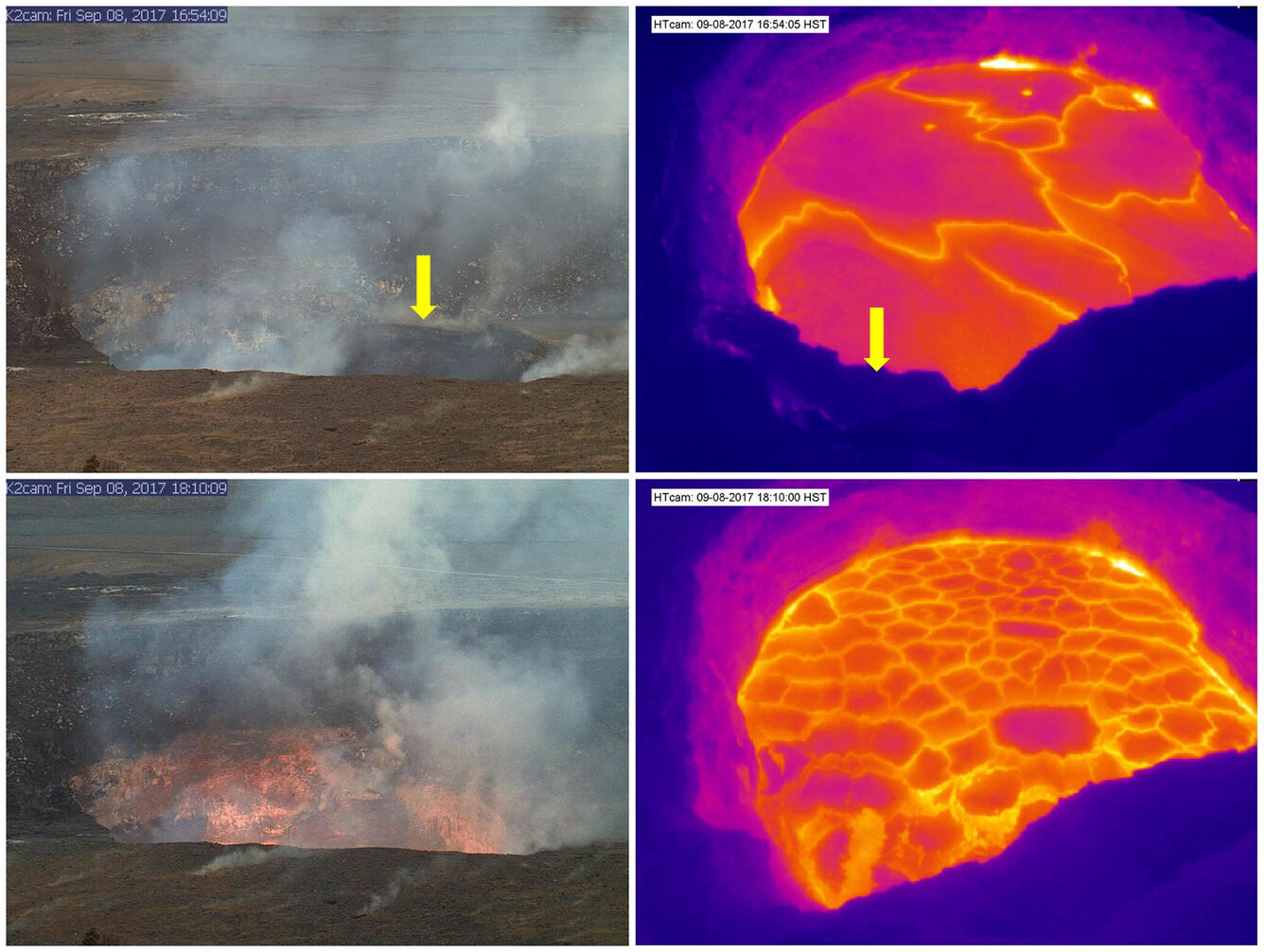 Collapses common during significant drops in summit lava lake...