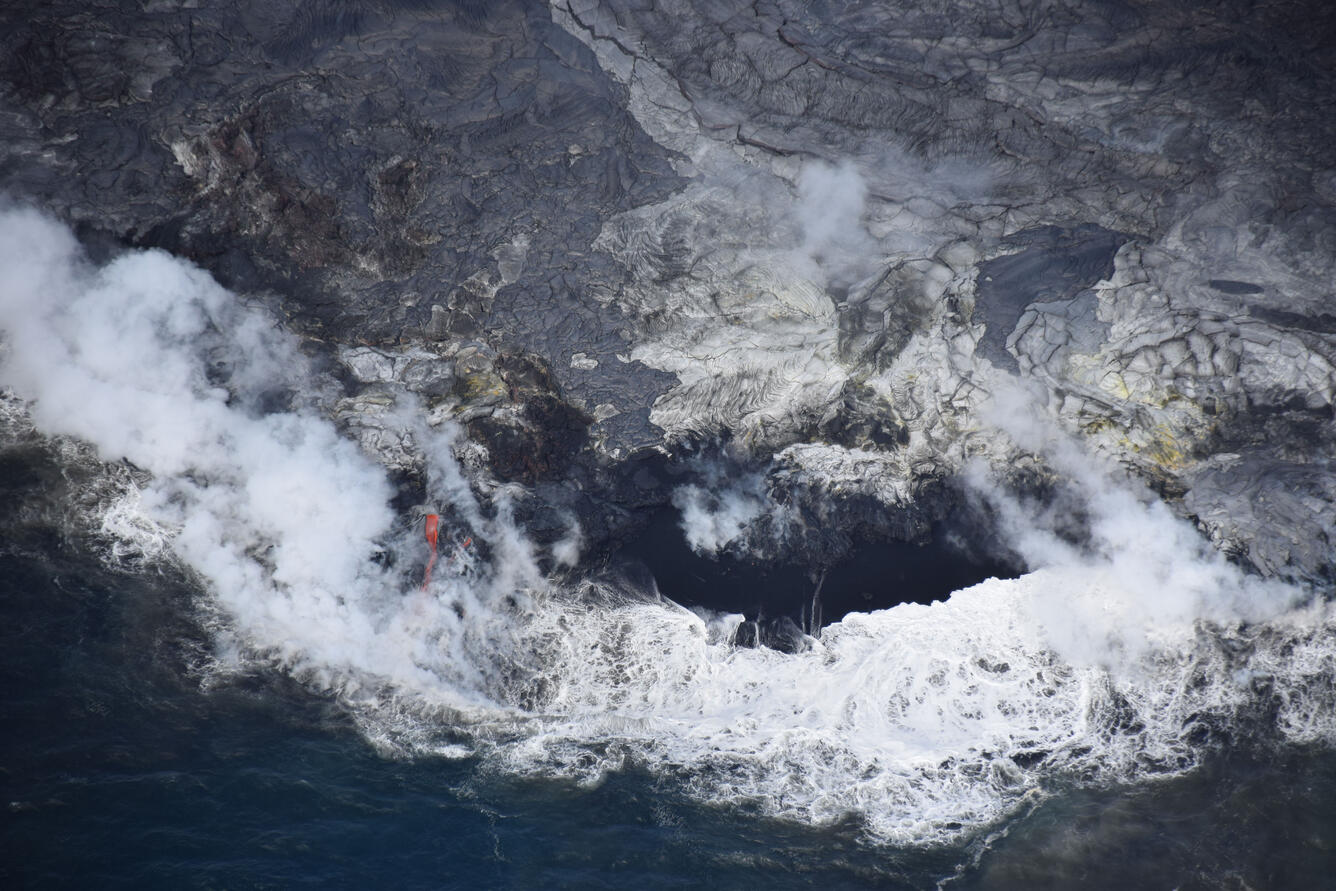 The front half of the lava delta is shown, with an open lava stream...