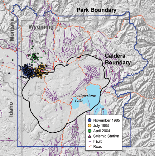 Map of Yellowstone National Park with circles indicating located ea...