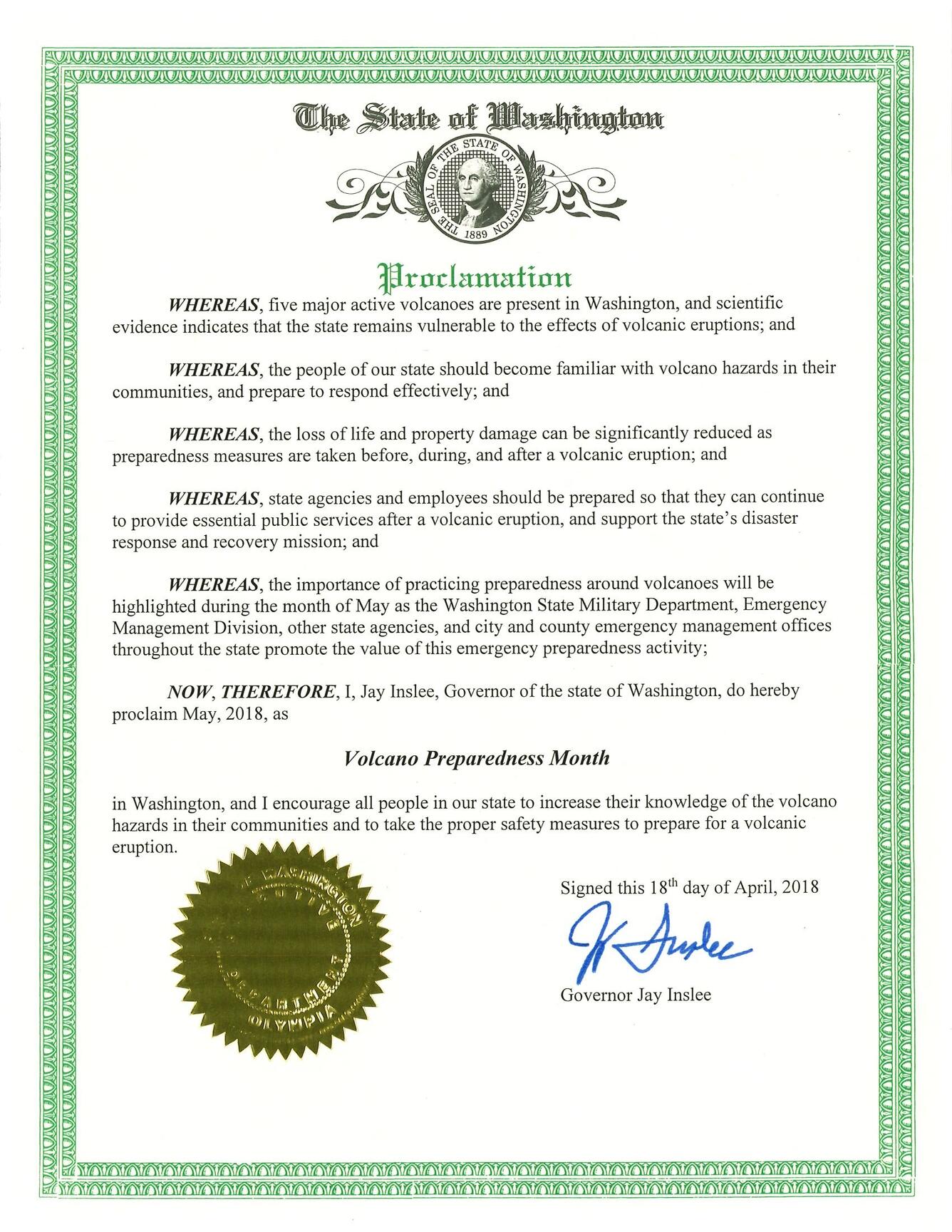 Governor Inslee's Proclaims May to be Volcano Preparedness Month in...