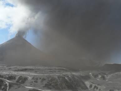 Ash cloud and fallout from Klyuchevskoy Volcano, Kamchatka, Russia,...