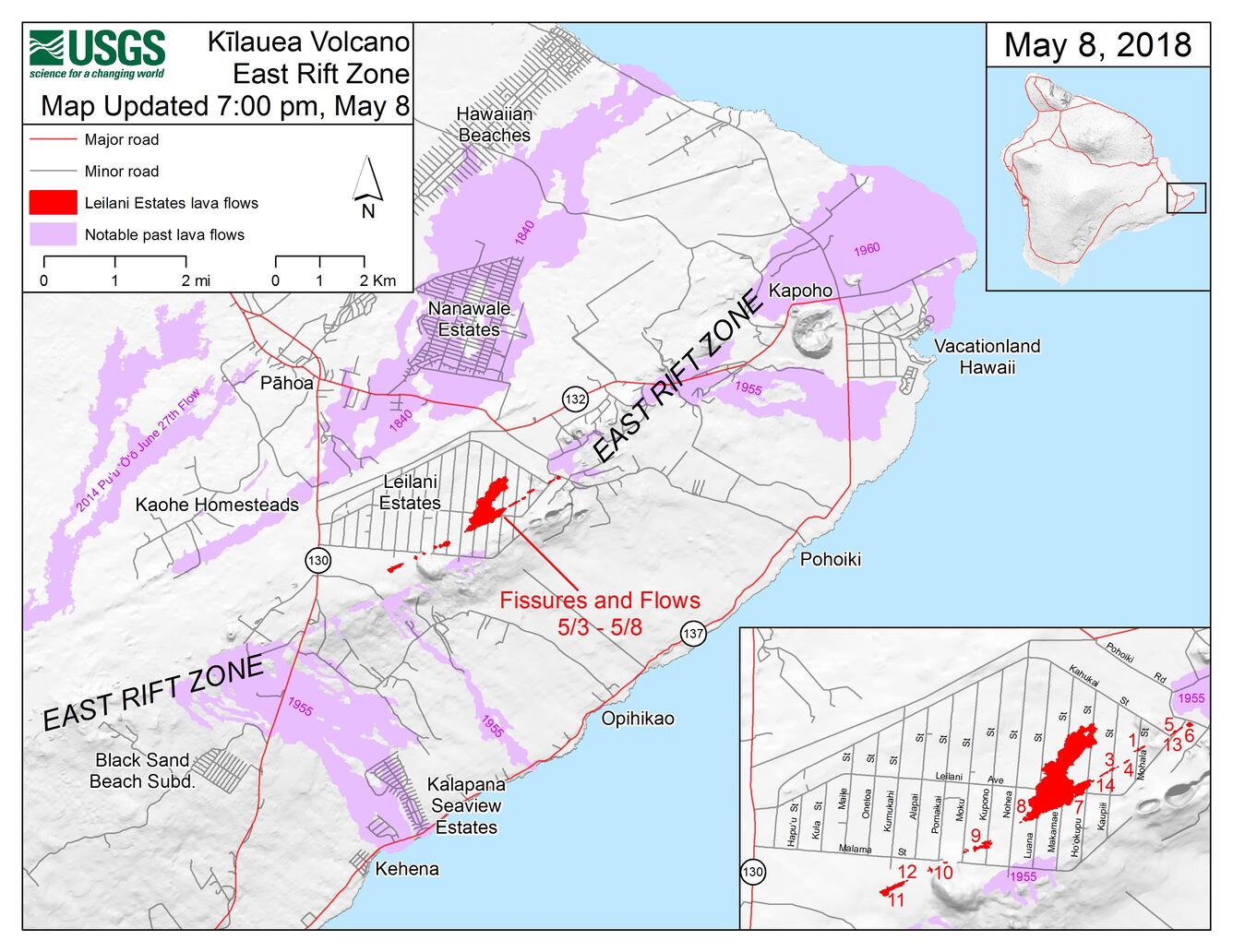 Kīlauea East Rift Zone Fissure Map as of 7:00 p.m. HST, May 8...