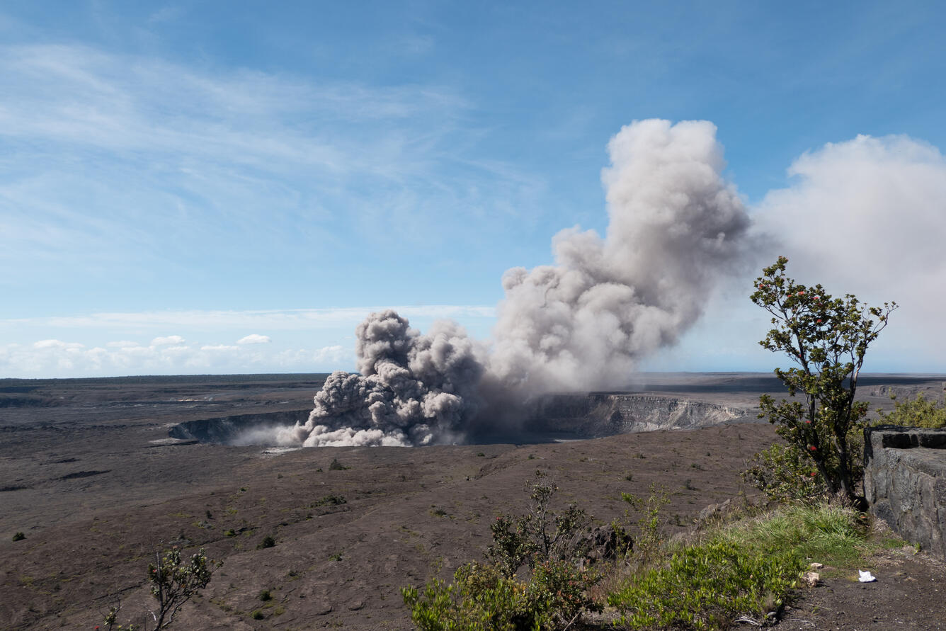 At 9:17 a.m. HST, another explosive ash column rose from the Overlo...