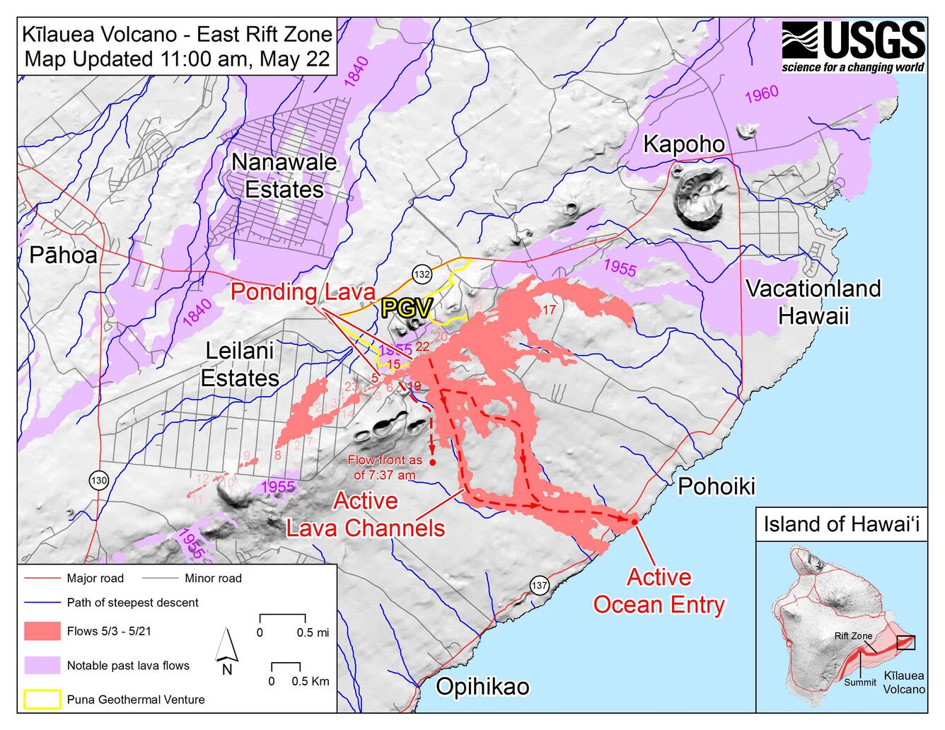 Kīlauea Lower East Rift Zone Fissures and Flows, May 22 at 11:00 a....