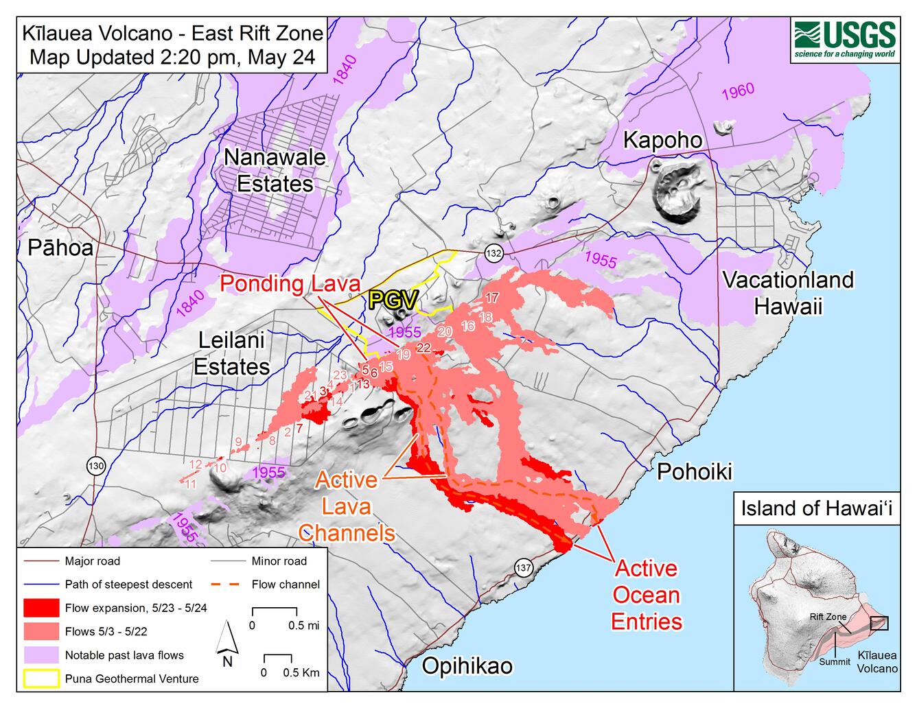 Kīlauea Lower East Rift Zone Fissures and Flows, May 24 at 2:20 p.m...