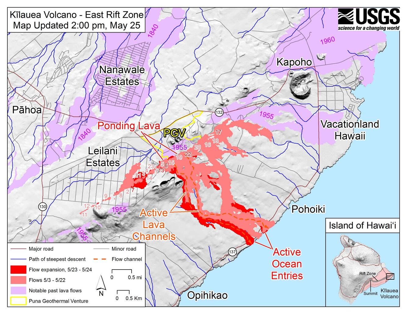 Kīlauea Lower East Rift Zone Fissures and Flows, May 25 at 2:00 p.m...