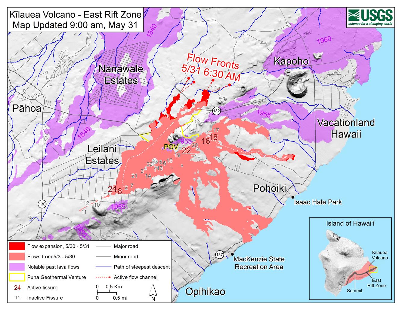 Kīlauea Lower East Rift Zone Fissures and Flows, May 31, 9:00 a.m. ...