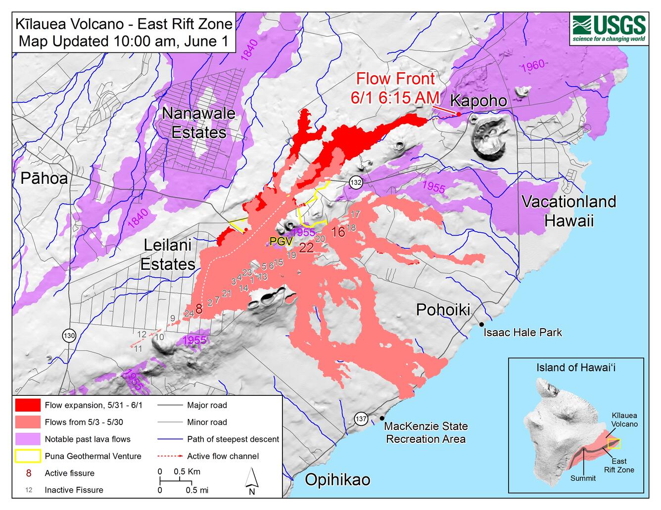 Kīlauea Lower East Rift Zone Fissures and Flows, June 1, 10:00AM HS...
