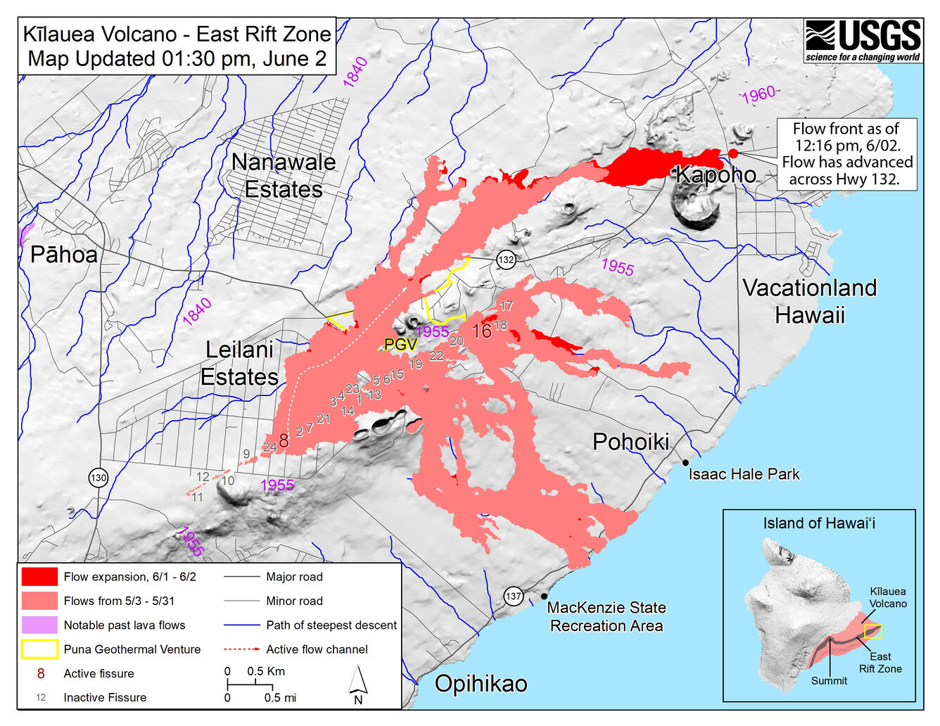 Kīlauea lower East Rift Zone lava flows and fissures, June 2, 1:30 ...