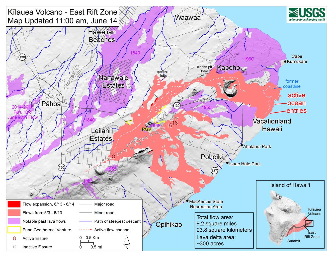 Kīlauea Lower East Rift Zone lava flows and fissures, June 14, 11:0...