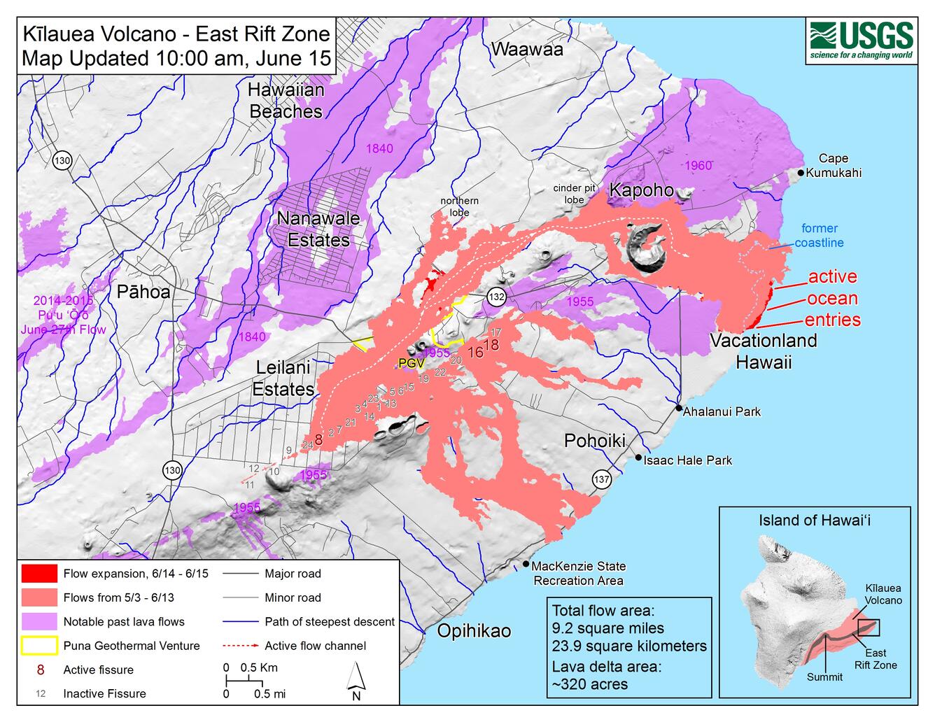 Kīlauea Lower East Rift Zone lava flows and fissures, June 15, 10:0...