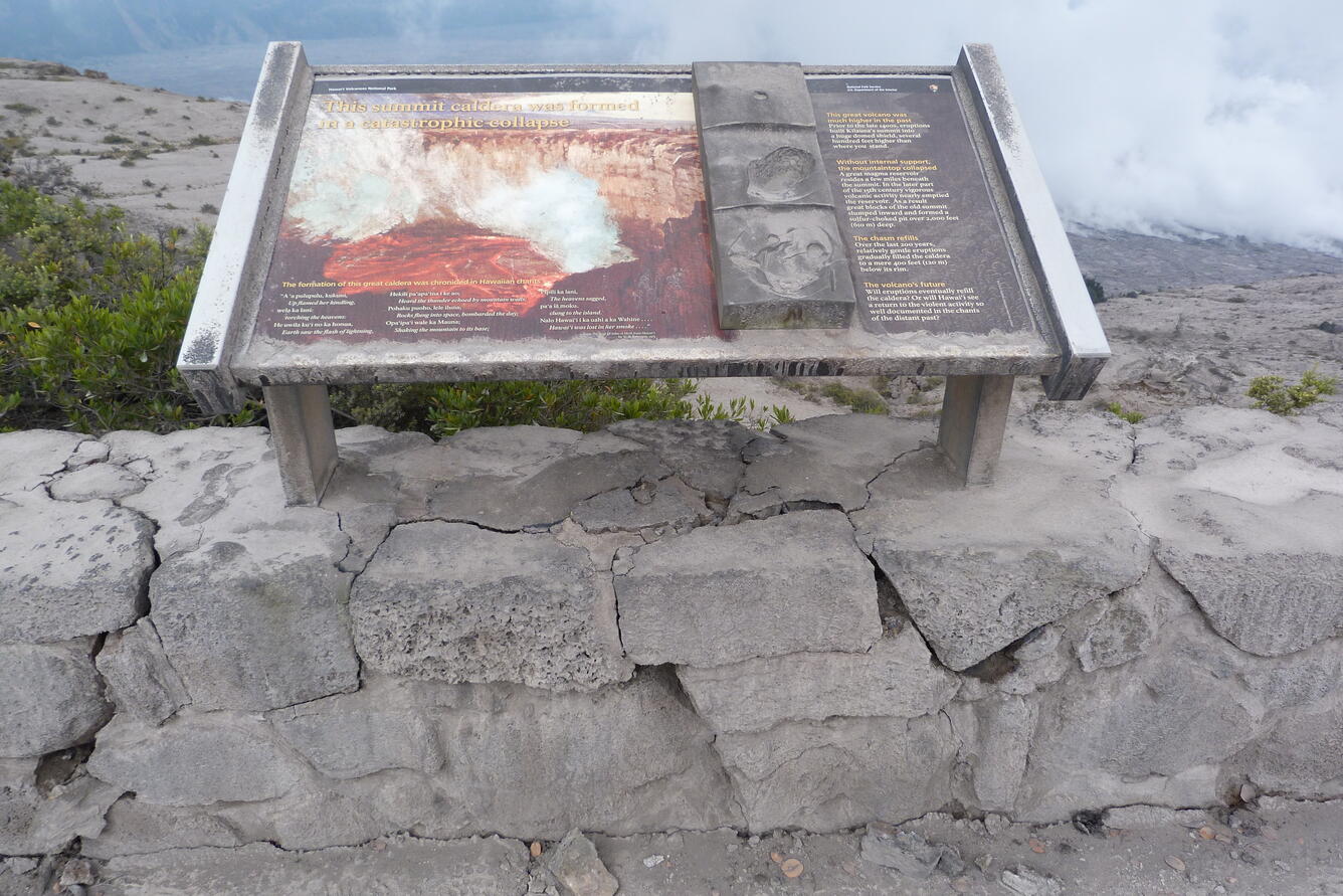 The rock wall cracks and crumbles at the Jaggar Museum Overlook, in...