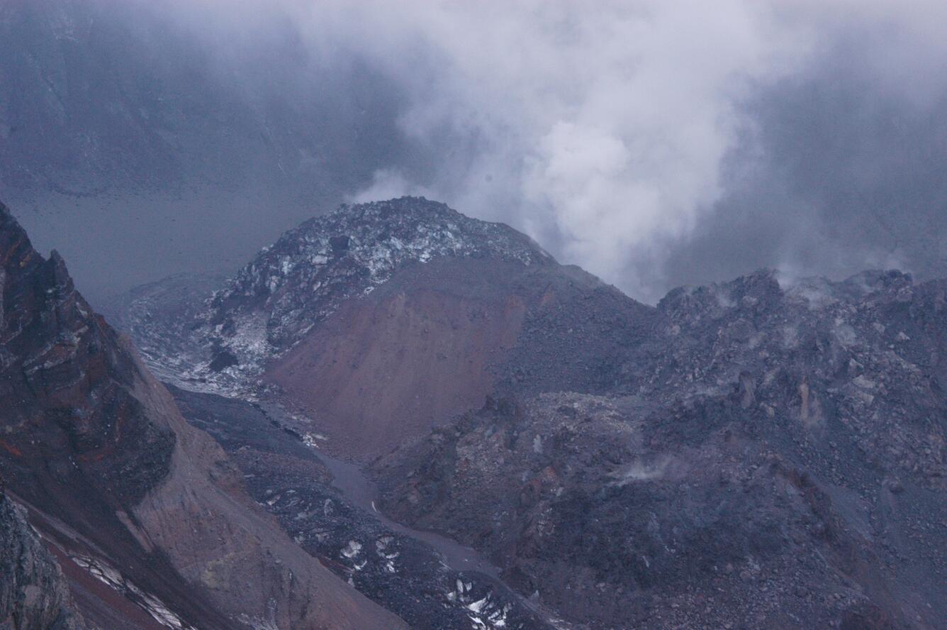 View from the east side of Mount St. Helens dome looking at the upl...