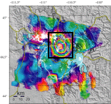Yellowstone Caldera 1996-2000 InSAR image, uplift in black box....