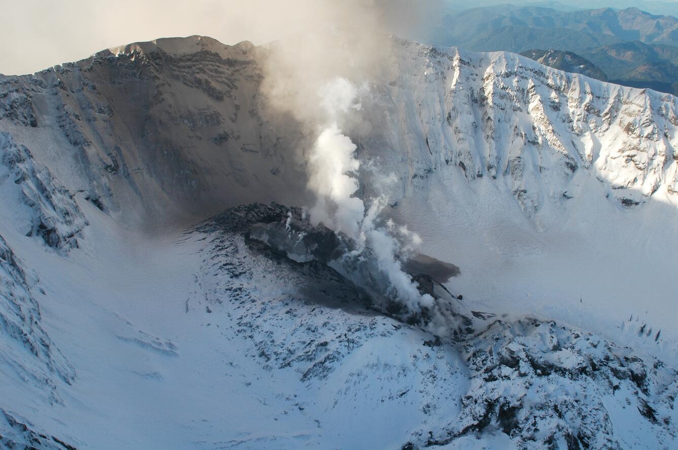 Mount St. Helens' crater, dome, and new growth, from the northeast....