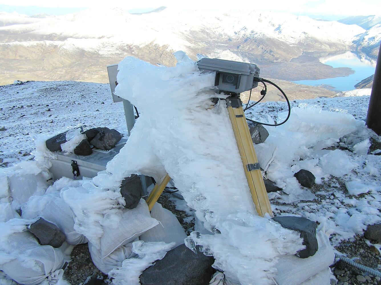 Ice build up on the Sugar Bowl Camera on Mount St. Helens western c...