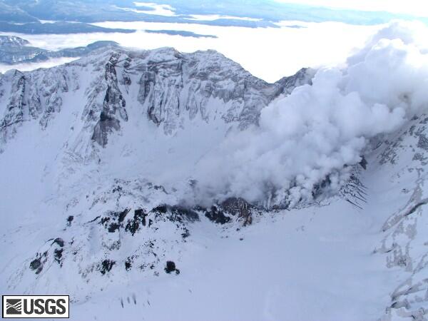 Steaming lava dome within Mount St. Helens crater, December 2004, a...