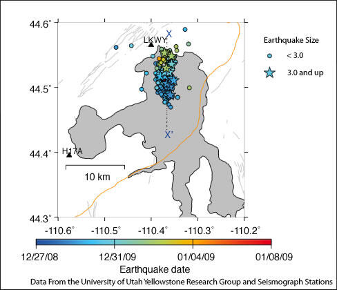 Yellowstone Lake showing location and times of the earthquakes from...