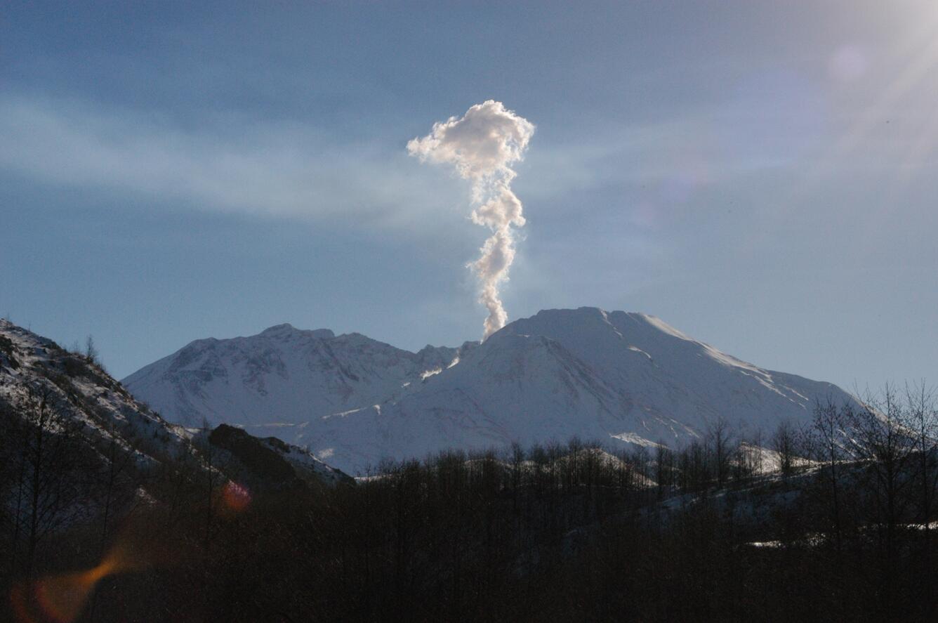 Steam plume rising from Mount St. Helens, viewed from the northwest...