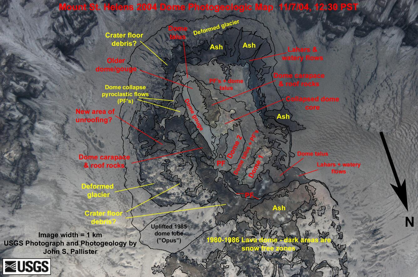 Photogeologic map of Mount St. Helens dome. Photograph annotated wi...