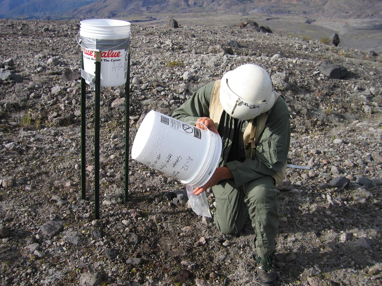 Ash collection buckets, installed on the flanks of Mount St. Helens...