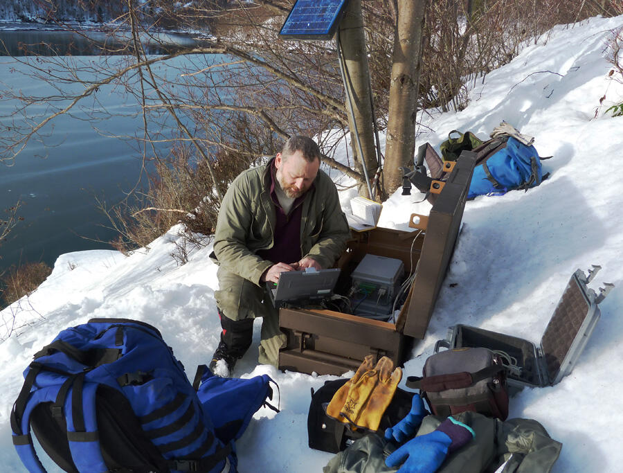 Gaging station repairs on Castle Lake, Mount St. Helens. ...