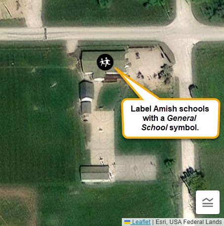 Screenshot of the Green Acres Amish School labeled with the General School symbol.