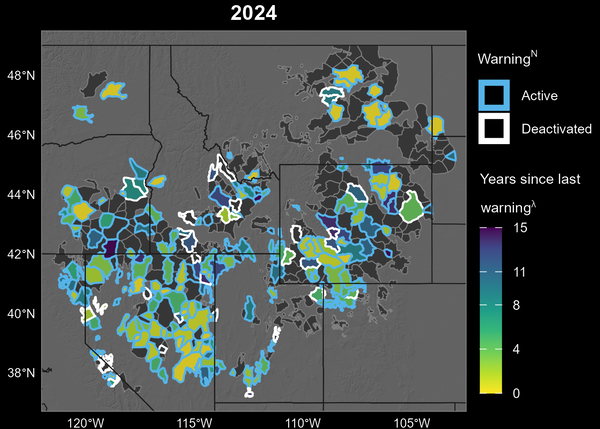 a map of western united states with different color polygons displaying years since last warning