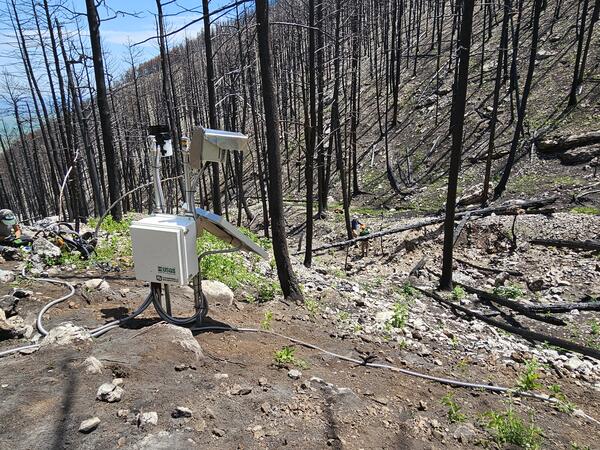 Equipment on a hillslope that is covered with rocks and burned trees