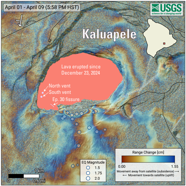 Color map graphic showing earthquakes and ground deformation at summit of volcano