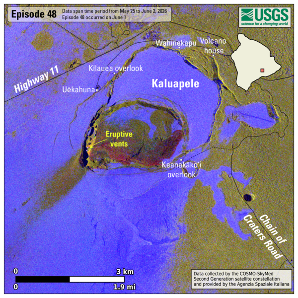 Color graphic map showing volcanic eruption deposit at the summit of a volcano