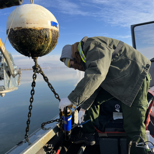 A buoy pulled up by the boat mounted crane has a water quality sensor chained to it 