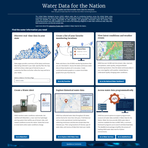 Screenshot of new Water Data for the Nation Home Page